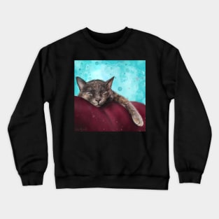 Painting of a Gray Cat Sleeping on a Red Couch on Blue Background Crewneck Sweatshirt